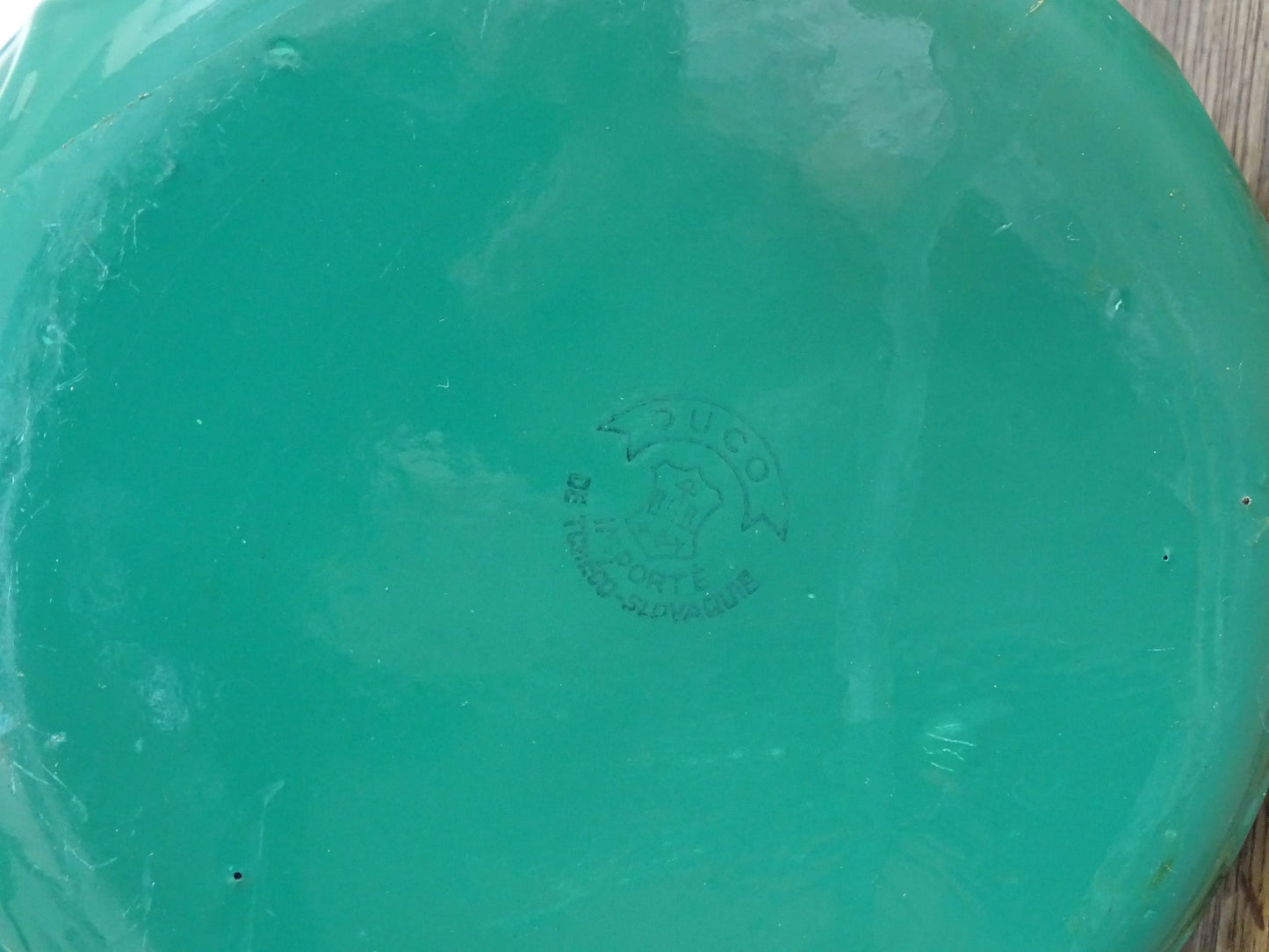 French vintage enamel pans with fish scale pattern, set of five green enamelware pans