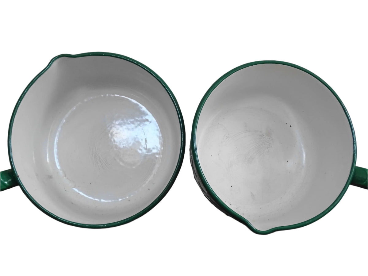 French vintage enamel pans with fish scale pattern, set of five green enamelware pans