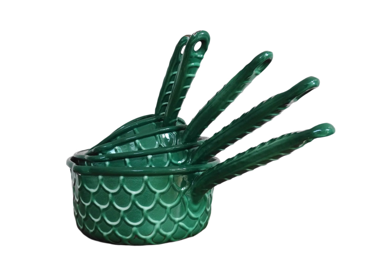 French vintage enamel pans with fish scale pattern, set of five green enamelware pans