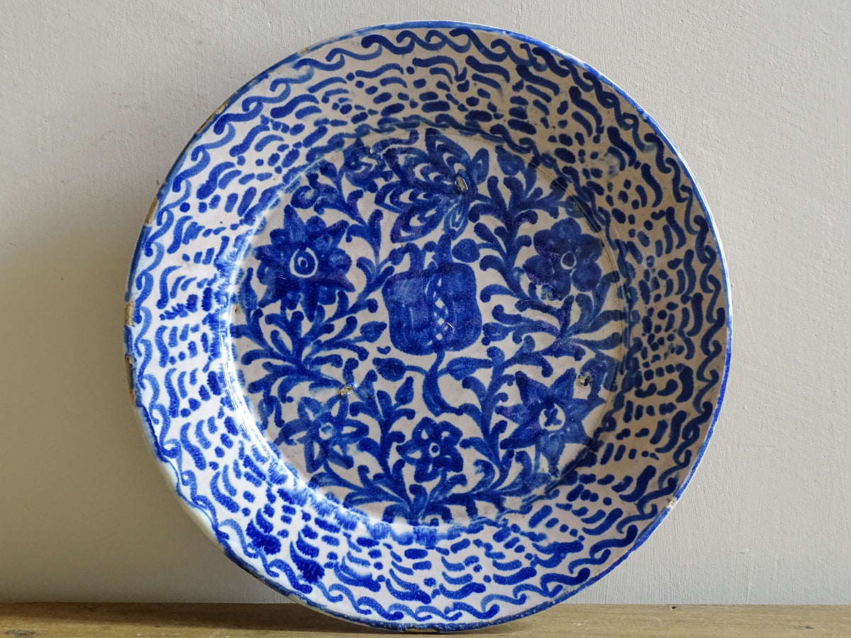 Antique Spanish Fajalauza Plate with Blue Hand-Painted Pomegranate