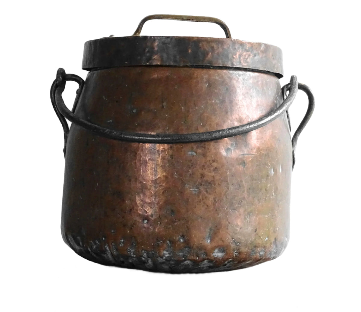 Large antique French copper cauldron with wrought iron handle, lid and rounded base. French farmhouse kitchen decor.