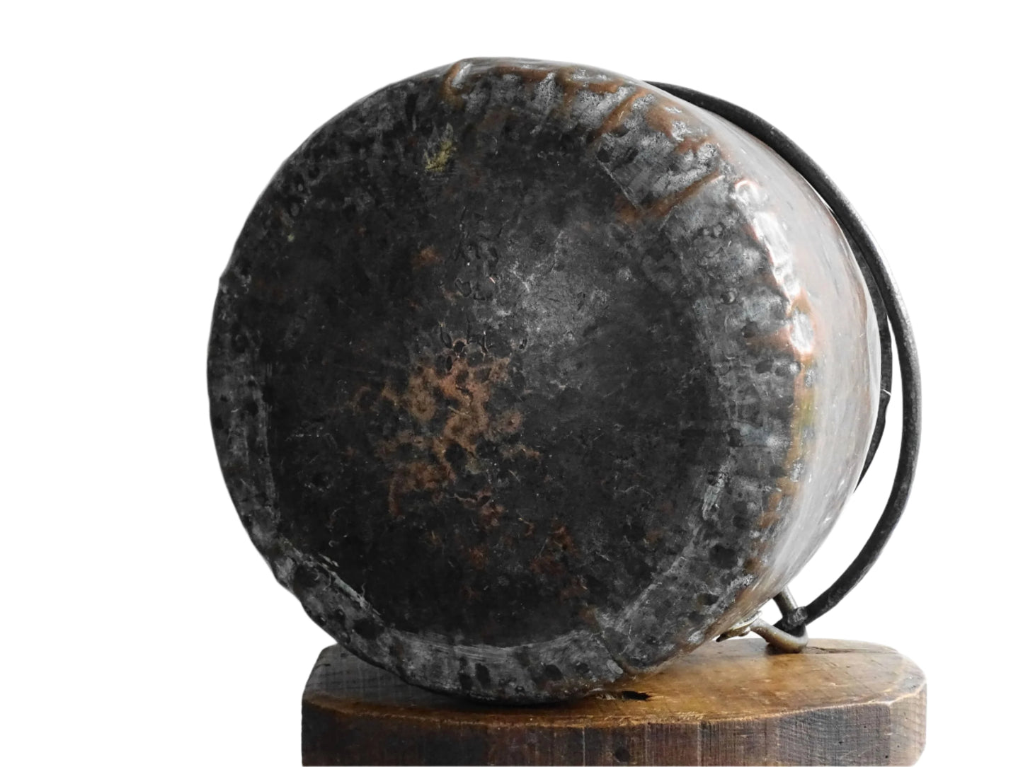 Large antique French copper cauldron with wrought iron handle, lid and rounded base. French farmhouse kitchen decor.