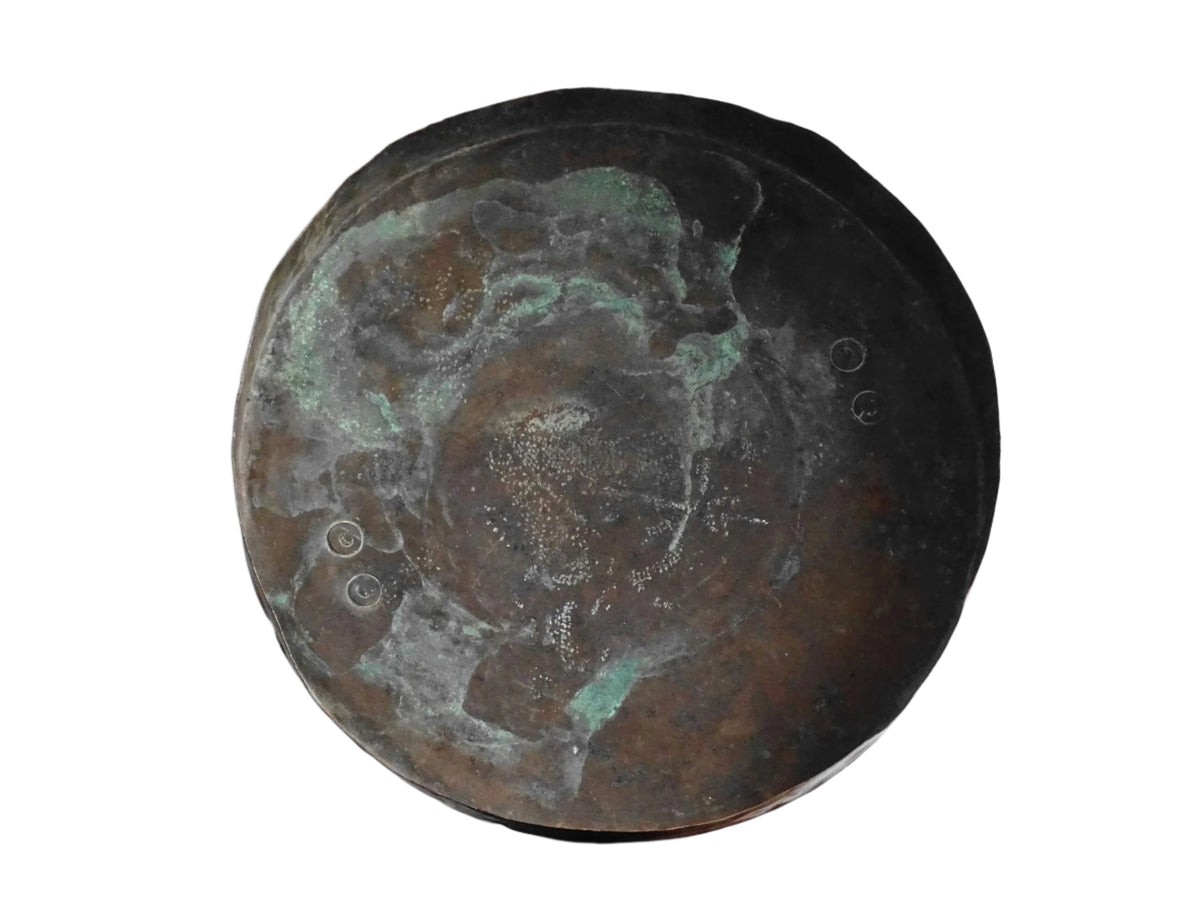 Large antique French copper cauldron with wrought iron handle, lid and rounded base. French farmhouse kitchen decor.
