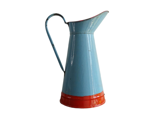 French vintage enamelware pitcher in blue and orange