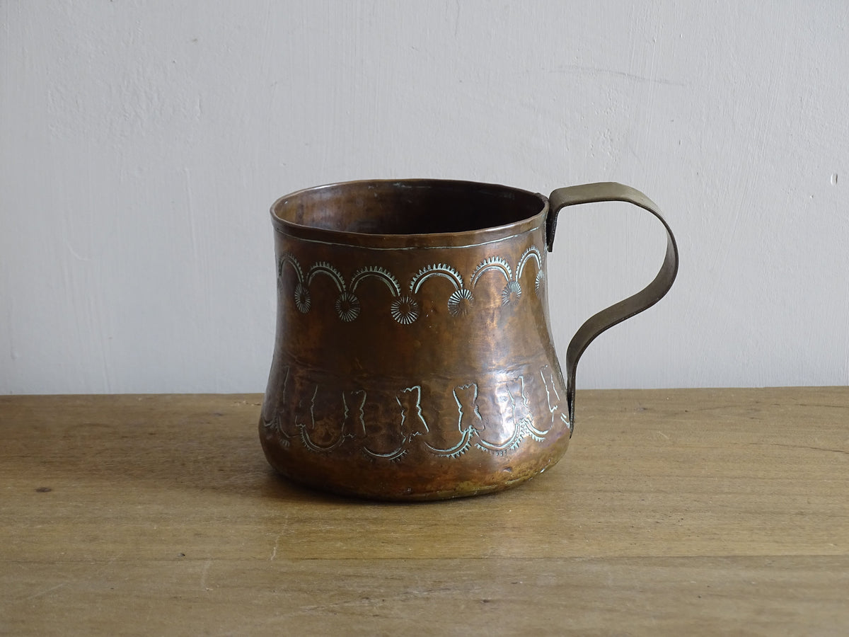 Antique Copper Tankard with Etched Design and Brass Handle