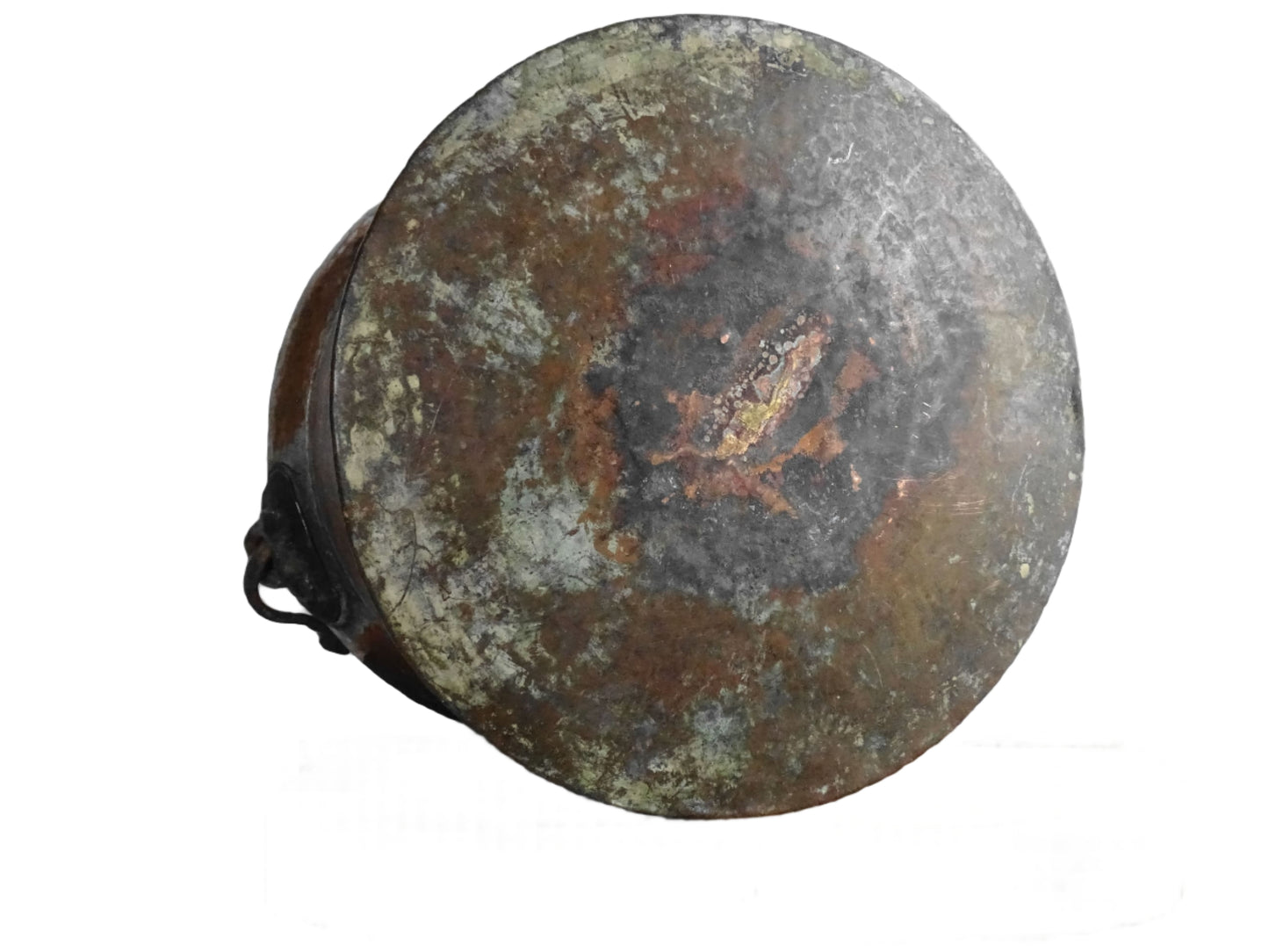 French antique copper cauldron with wrought iron handle. Antique tinned copper pot for fireplace decoration or farmhouse style kitchen decor.