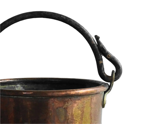 Small French antique copper cauldron with a wrought iron handle and patina. Copper planter or utensils holder.