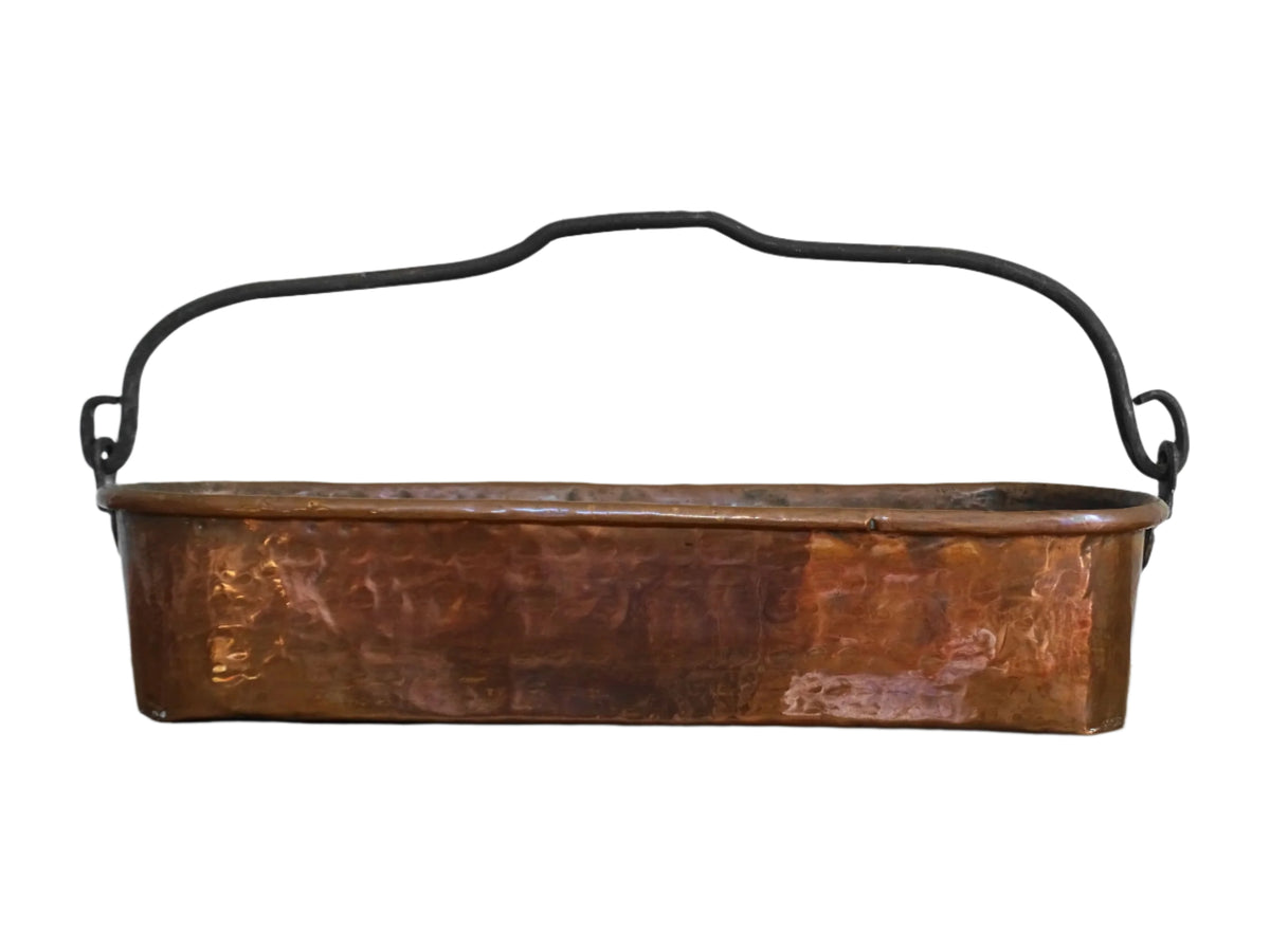 French Antique Hammered Copper Poissonnière, Fish Kettle or Fish Poacher with Wrought Iron Handle