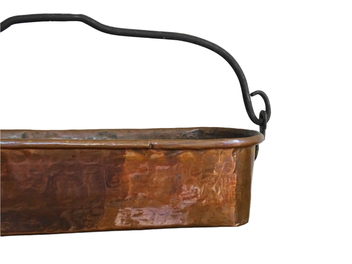 French Antique Hammered Copper Poissonnière, Fish Kettle or Fish Poacher with Wrought Iron Handle