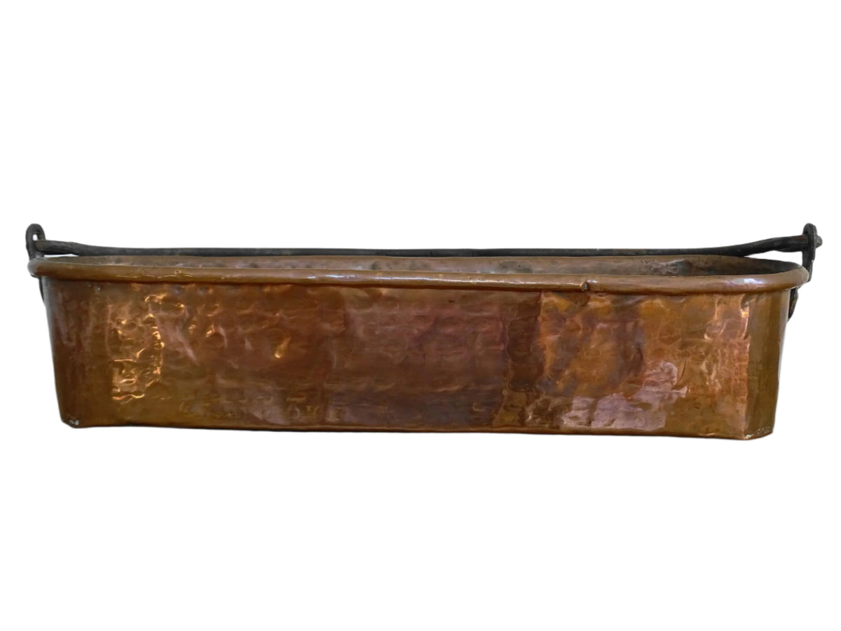 French Antique Hammered Copper Poissonnière, Fish Kettle or Fish Poacher with Wrought Iron Handle