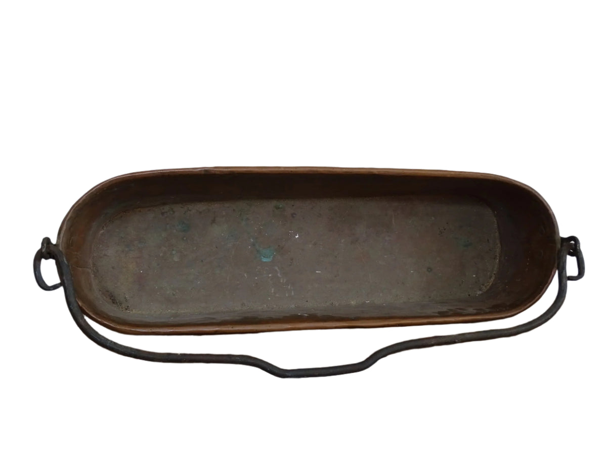 French Antique Hammered Copper Poissonnière, Fish Kettle or Fish Poacher with Wrought Iron Handle