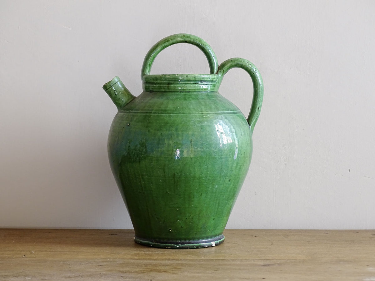 French Antique Gargoulette with Green Glaze, Provençal 10.6"
