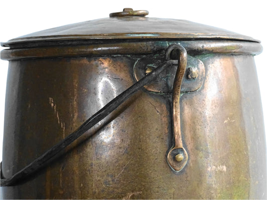 French Antique Copper Cauldron with Lid from the 18th Century, a French antique copper cooking pot with wrought iron handle. French Country Farmhouse Kitchen.