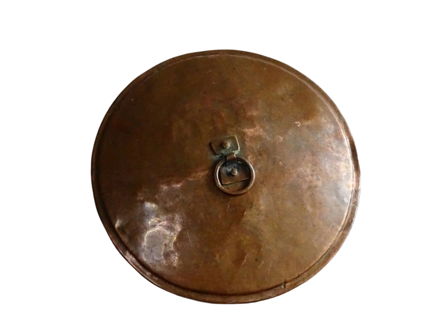 French Antique Copper Cauldron with Lid from the 18th Century, a French antique copper cooking pot with wrought iron handle. French Country Farmhouse Kitchen.