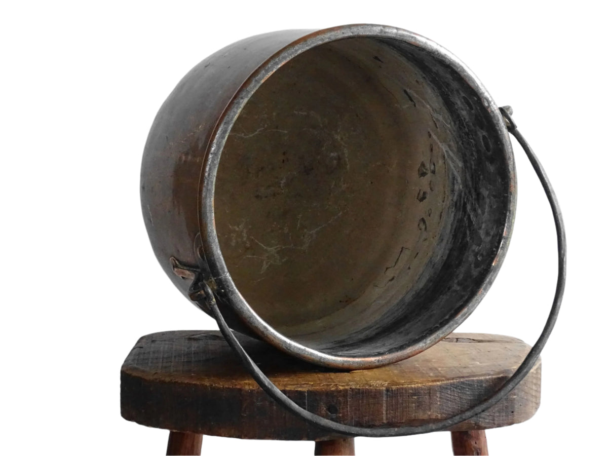 French Antique Copper Cauldron with Lid from the 18th Century, a French antique copper cooking pot with wrought iron handle. French Country Farmhouse Kitchen.