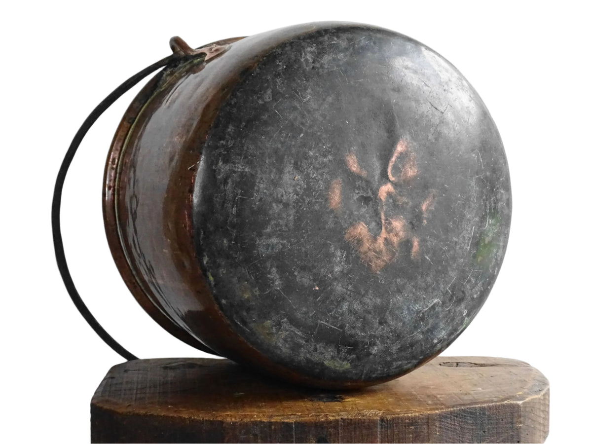French Antique Copper Cauldron with Lid from the 18th Century, a French antique copper cooking pot with wrought iron handle. French Country Farmhouse Kitchen.