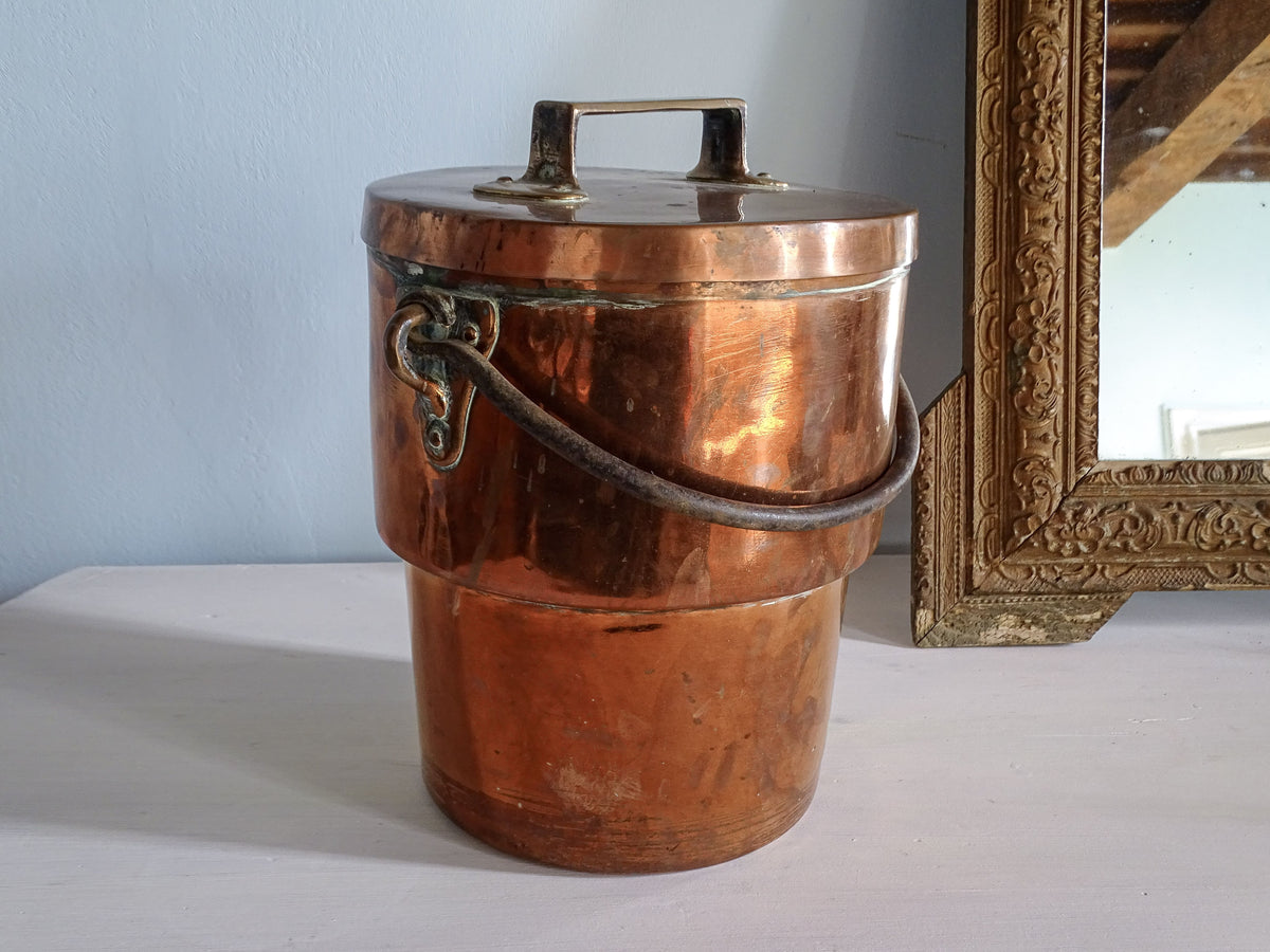 French antique copper cauldron or cooking pot with lid