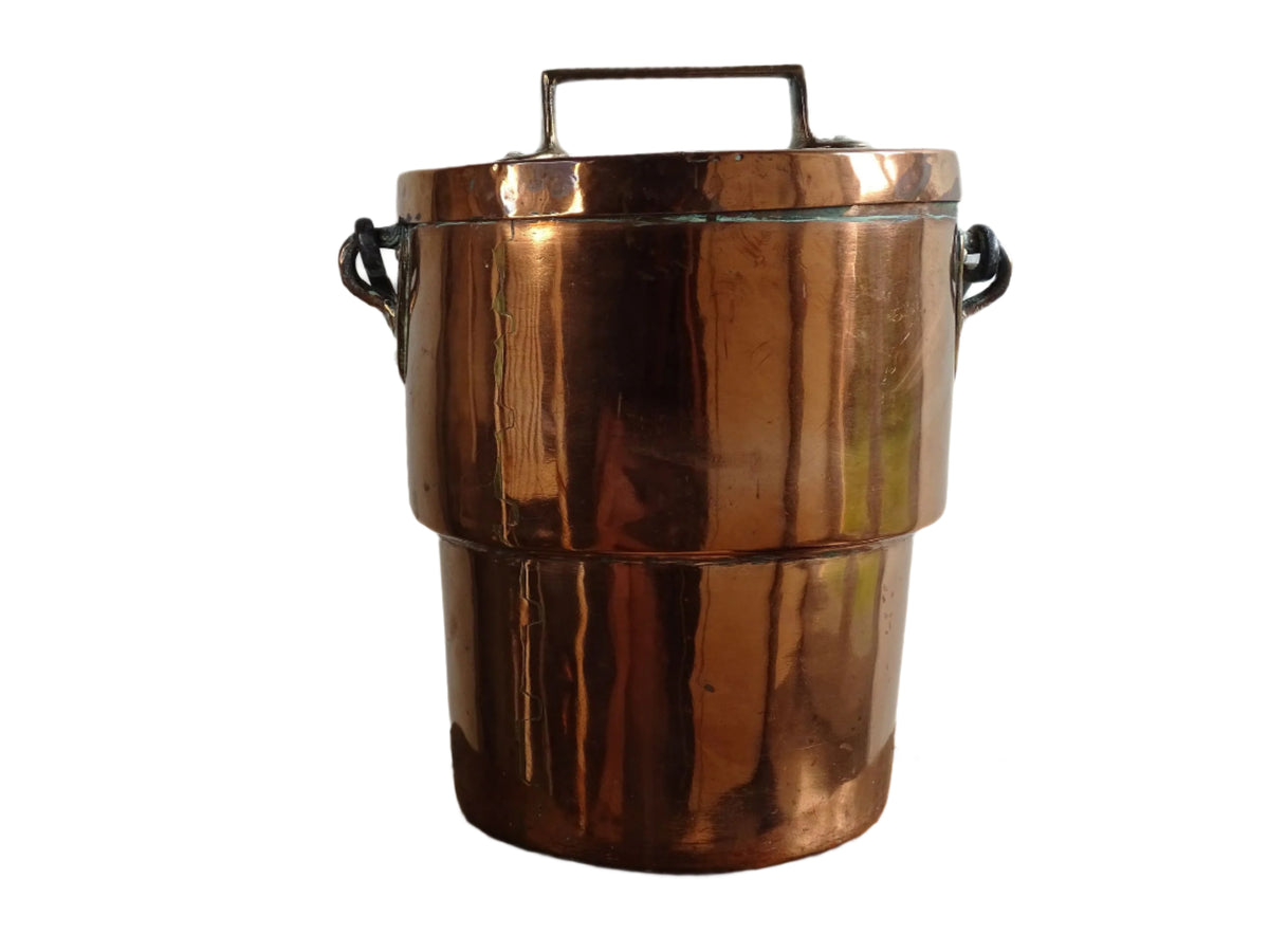 French antique copper cooking pot or Antique Copper Cauldron with Wrought Iron Handle and lid