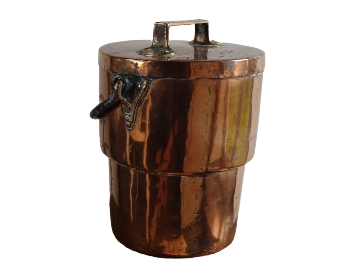French antique copper cooking pot or Antique Copper Cauldron with Wrought Iron Handle and lid