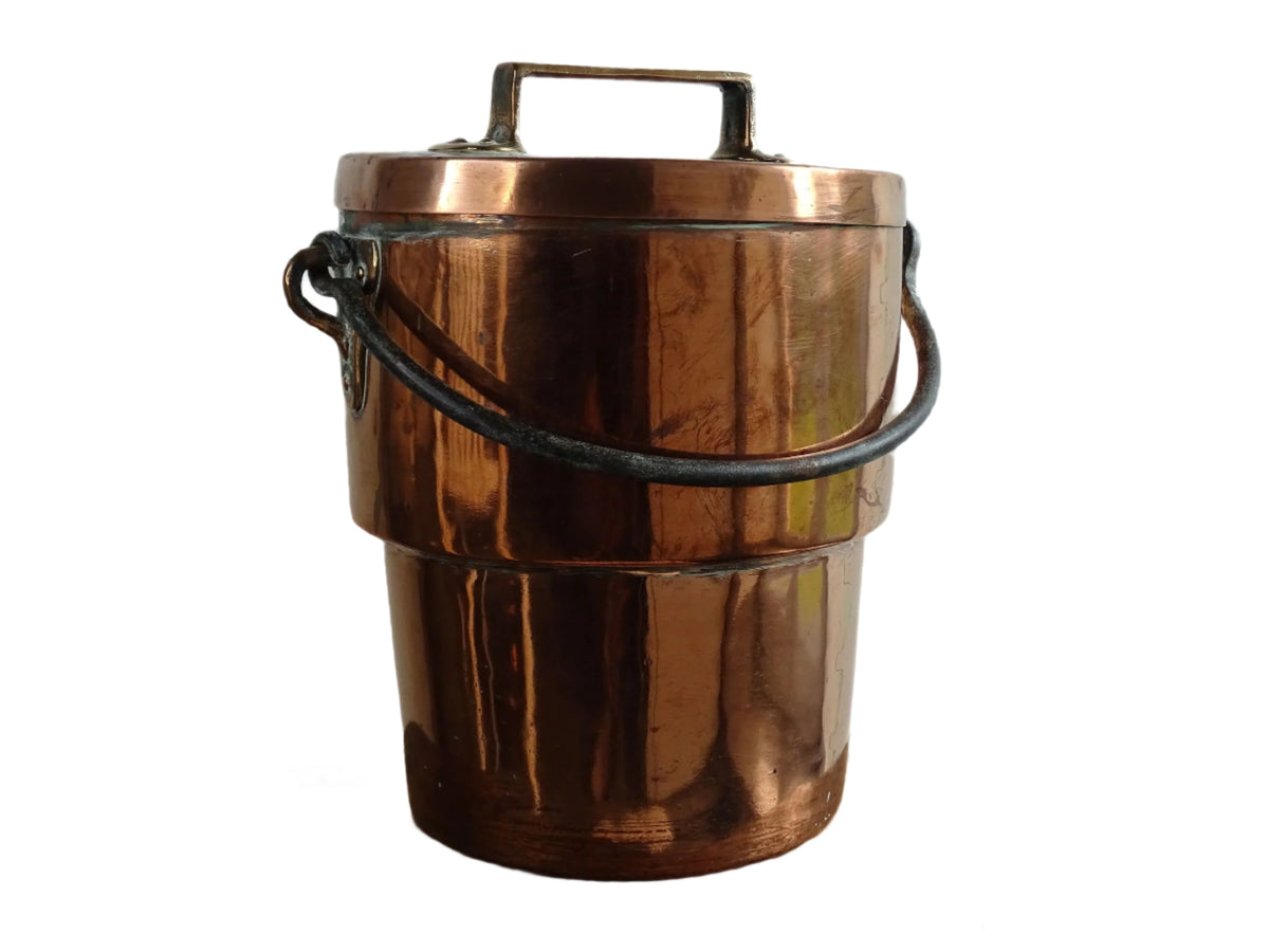French antique copper cooking pot or Antique Copper Cauldron with Wrought Iron Handle and lid