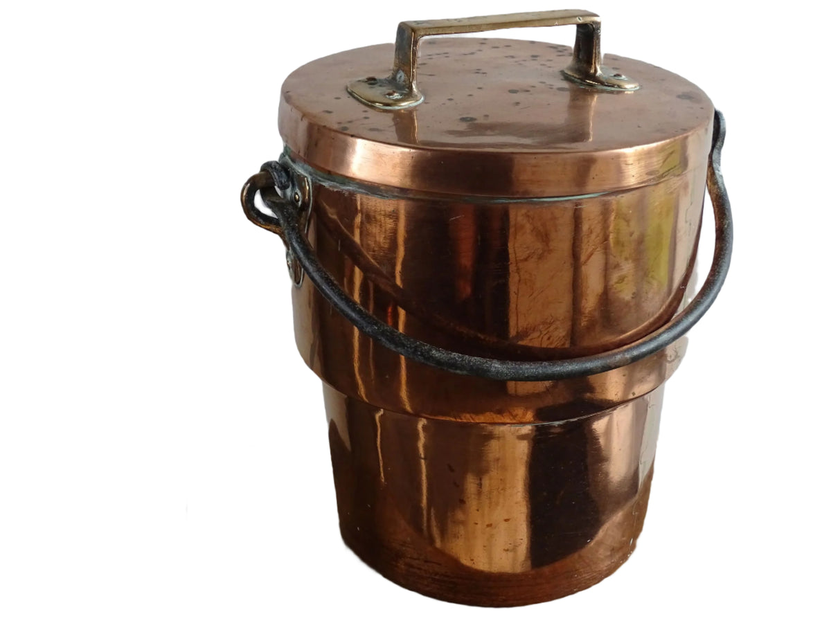 French antique copper cooking pot or Antique Copper Cauldron with Wrought Iron Handle and lid