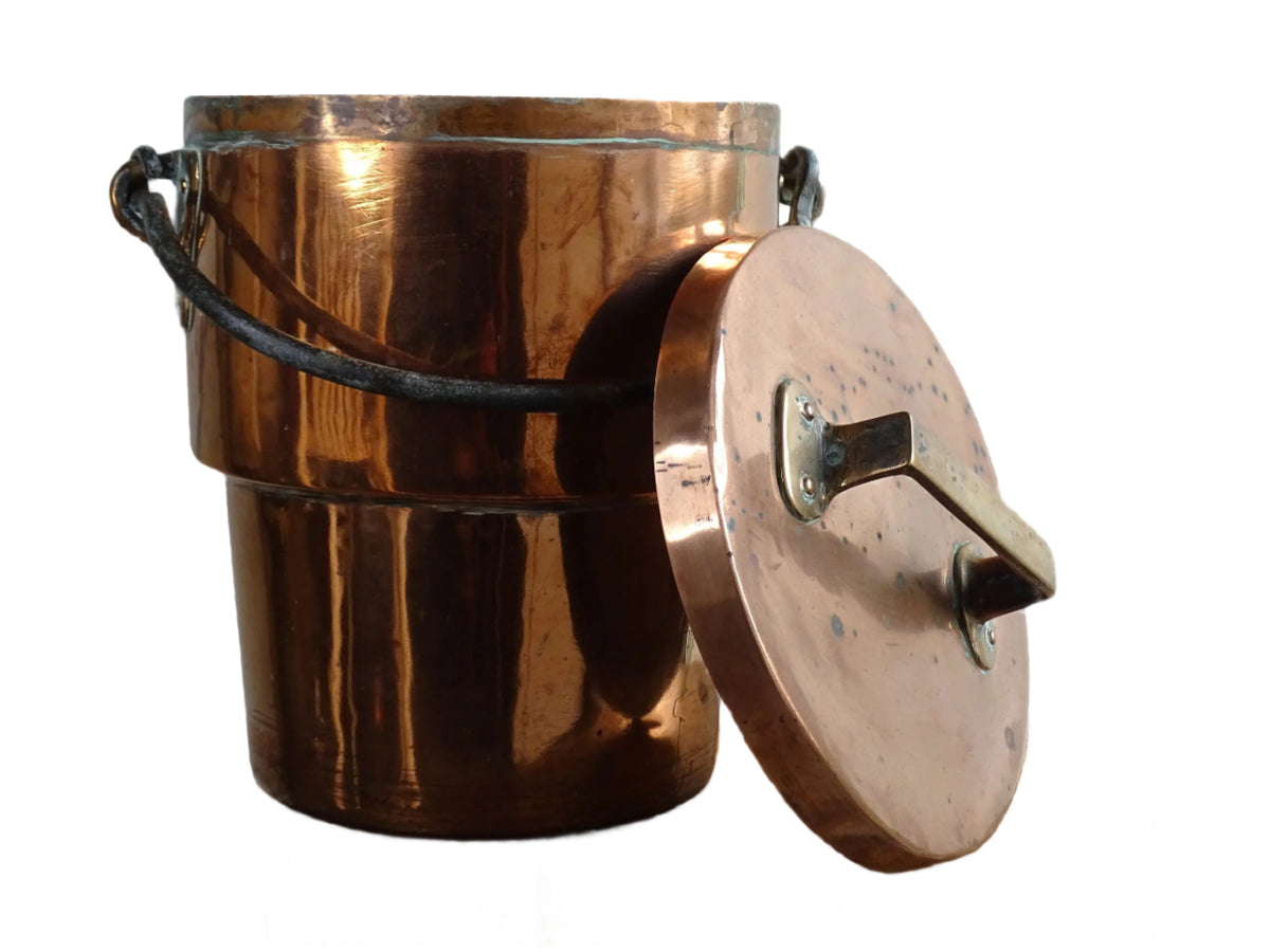 French antique copper cooking pot or Antique Copper Cauldron with Wrought Iron Handle and lid
