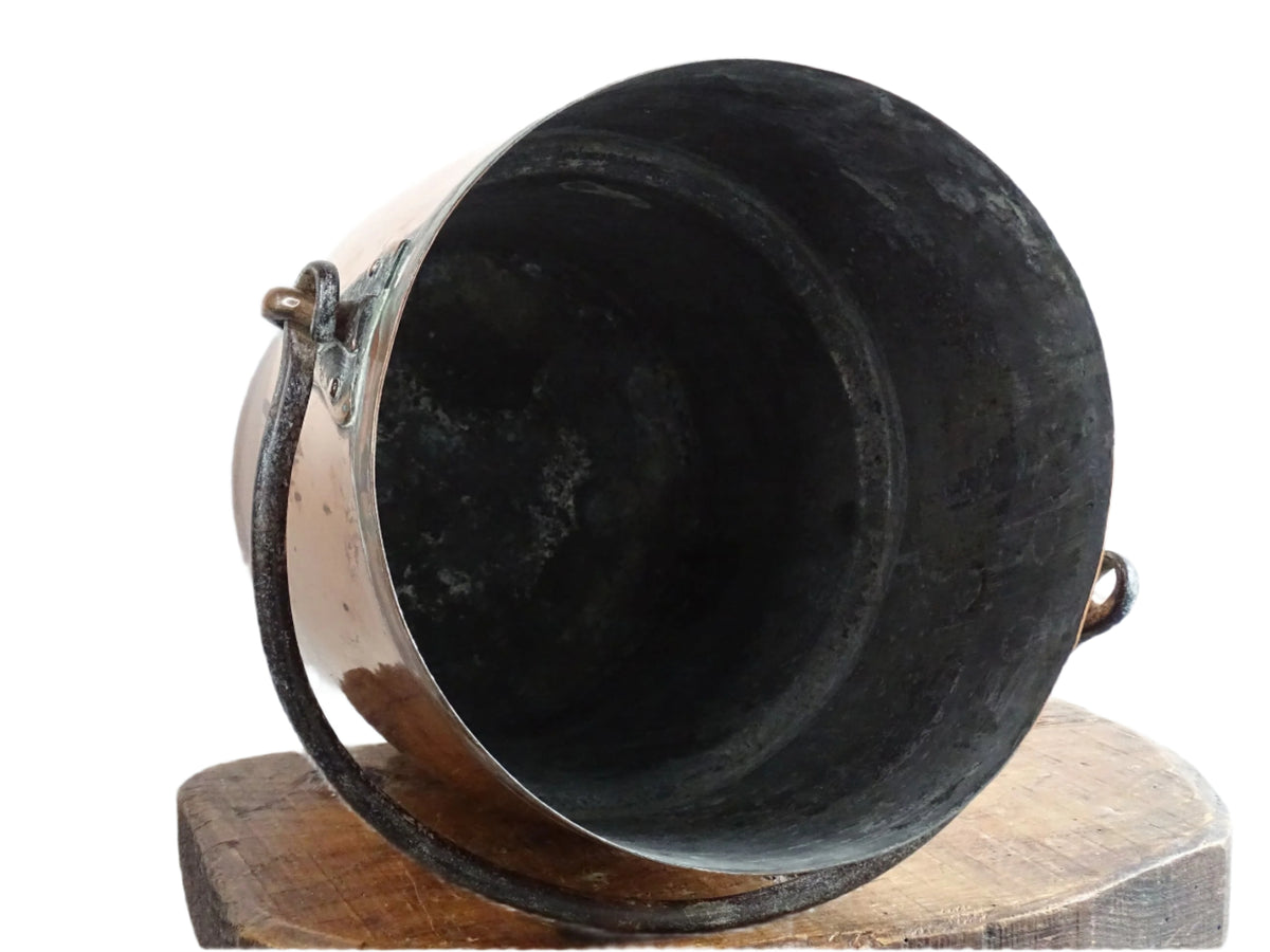 French antique copper cooking pot or Antique Copper Cauldron with Wrought Iron Handle and lid