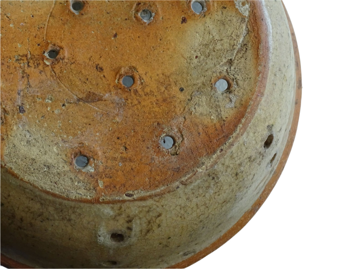 French antique terracotta faisselle cheese strainer. Rustic French pottery sieve for a French farmhouse kitchen.