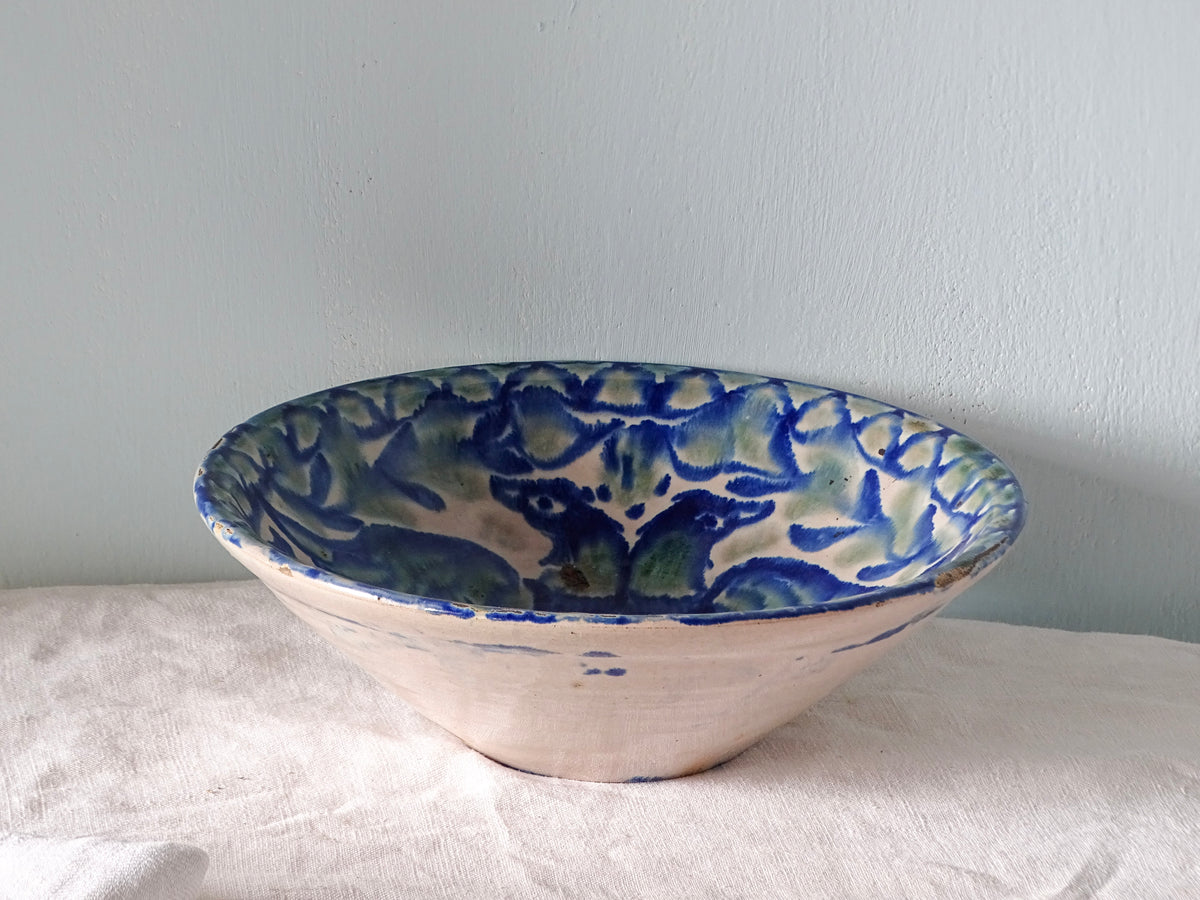 Antique Spanish Fajalauza Bowl in Green and Blue with Hand-Painted Birds, Spanish Terracotta Lebrillo