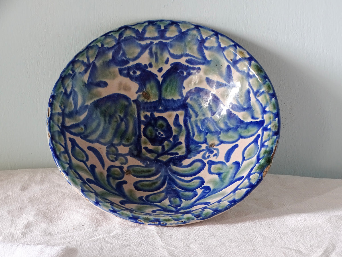 Antique Spanish Fajalauza Bowl in Green and Blue with Hand-Painted Birds, Spanish Terracotta Lebrillo