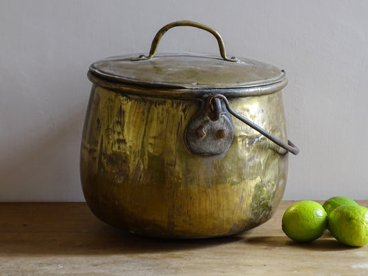 French antique brass cooking pot or brass cauldron with lid and wrought iron handle