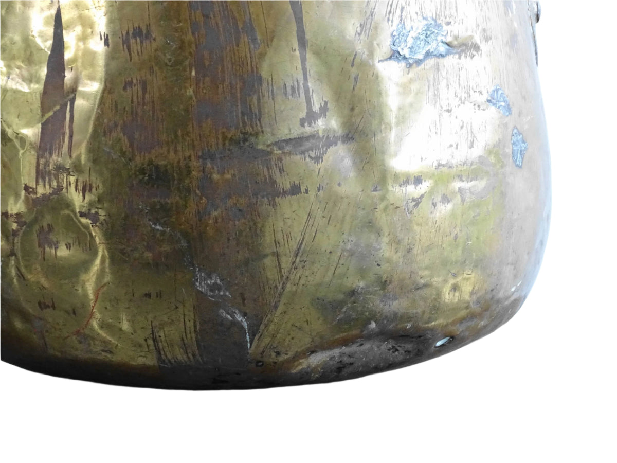 French antique brass cooking pot or brass cauldron with lid and wrought iron handle