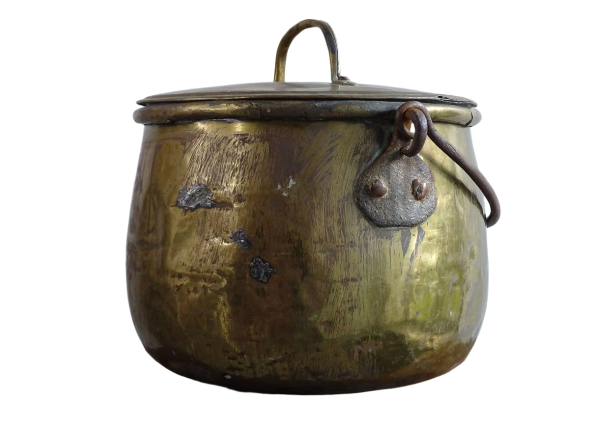 French antique brass cooking pot or brass cauldron with lid and wrought iron handle