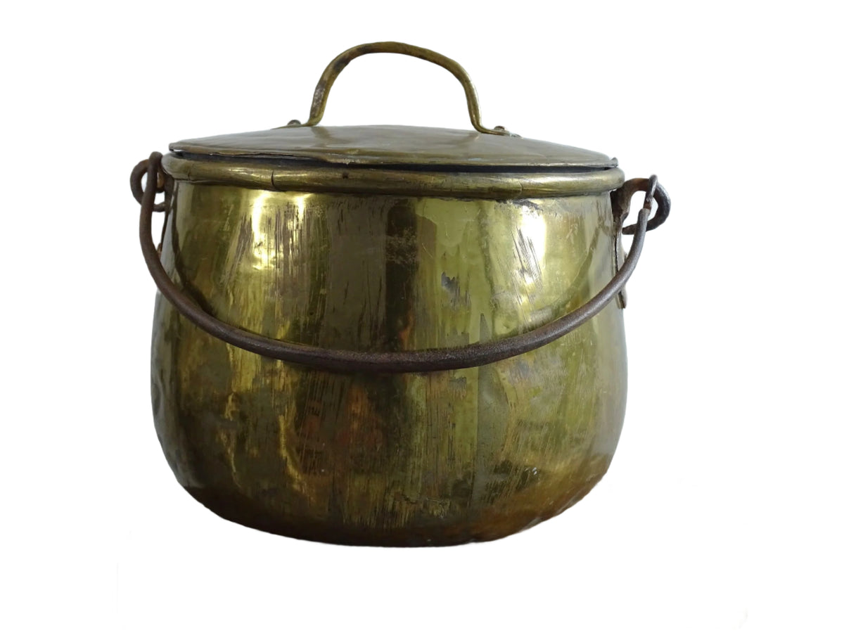 French antique brass cooking pot or brass cauldron with lid and wrought iron handle