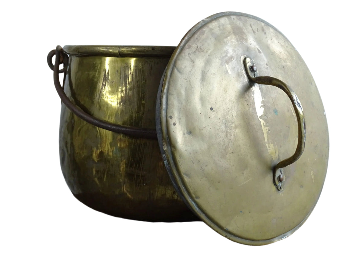 French antique brass cooking pot or brass cauldron with lid and wrought iron handle