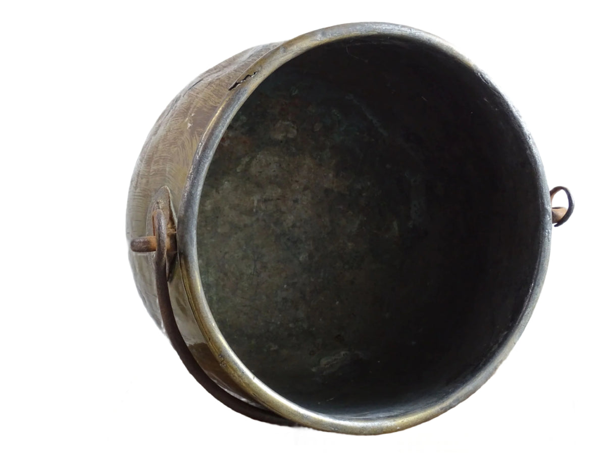 French antique brass cooking pot or brass cauldron with lid and wrought iron handle