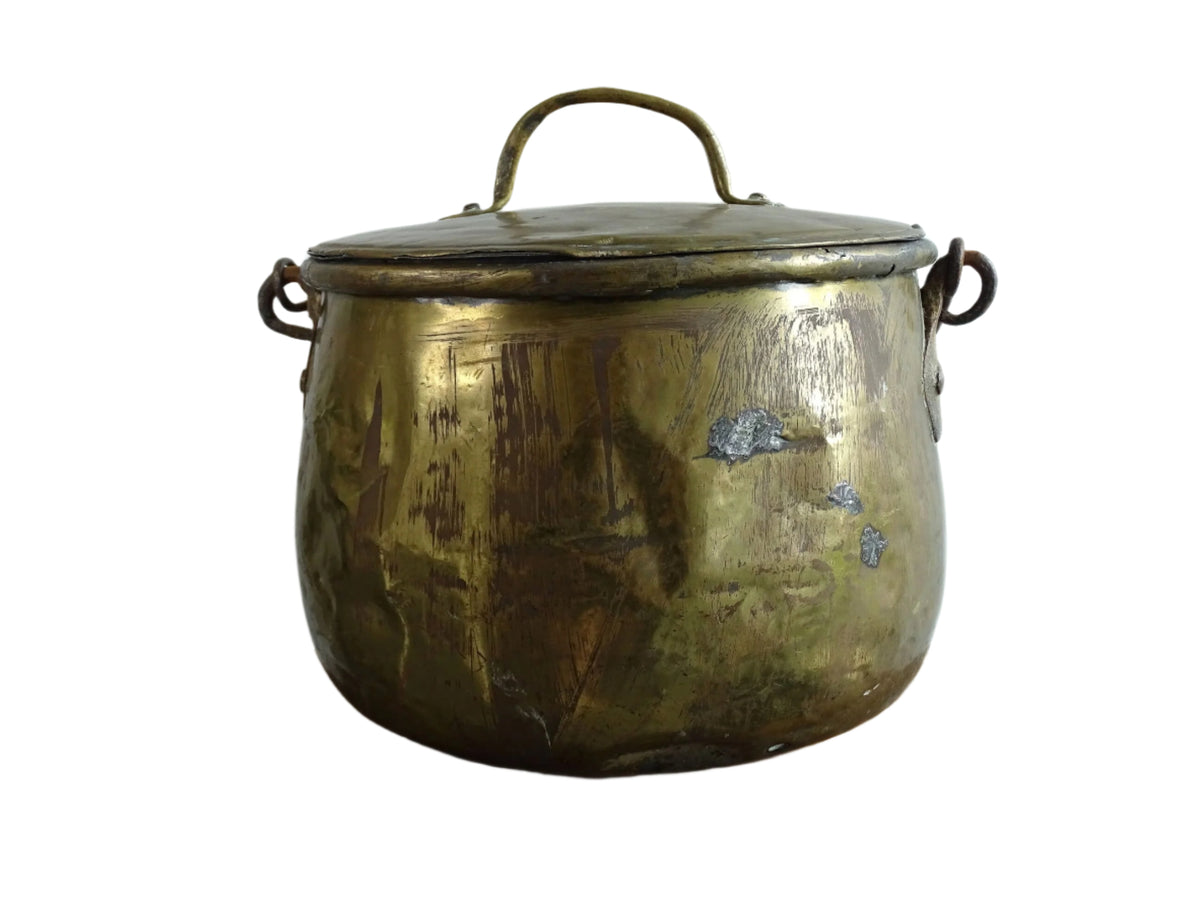 French antique brass cooking pot or brass cauldron with lid and wrought iron handle