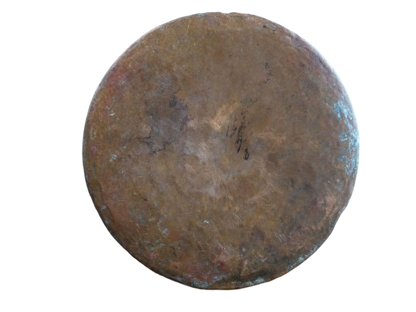 French antique tinned copper cauldron with brass detailing. A small antique copper cauldron with patina. A planter or utensil holder in a French country farmhouse kitchen.