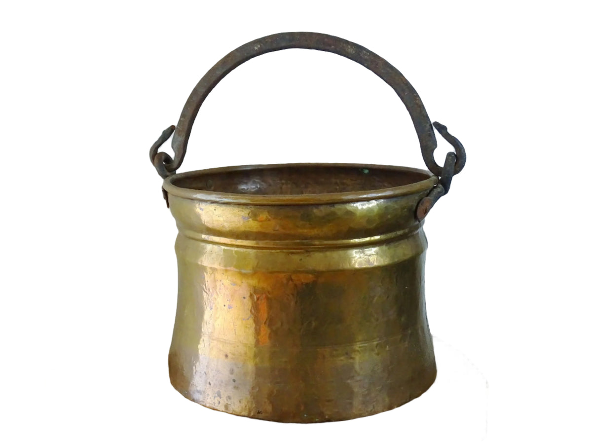 French antique brass cauldron with wrought iron handle