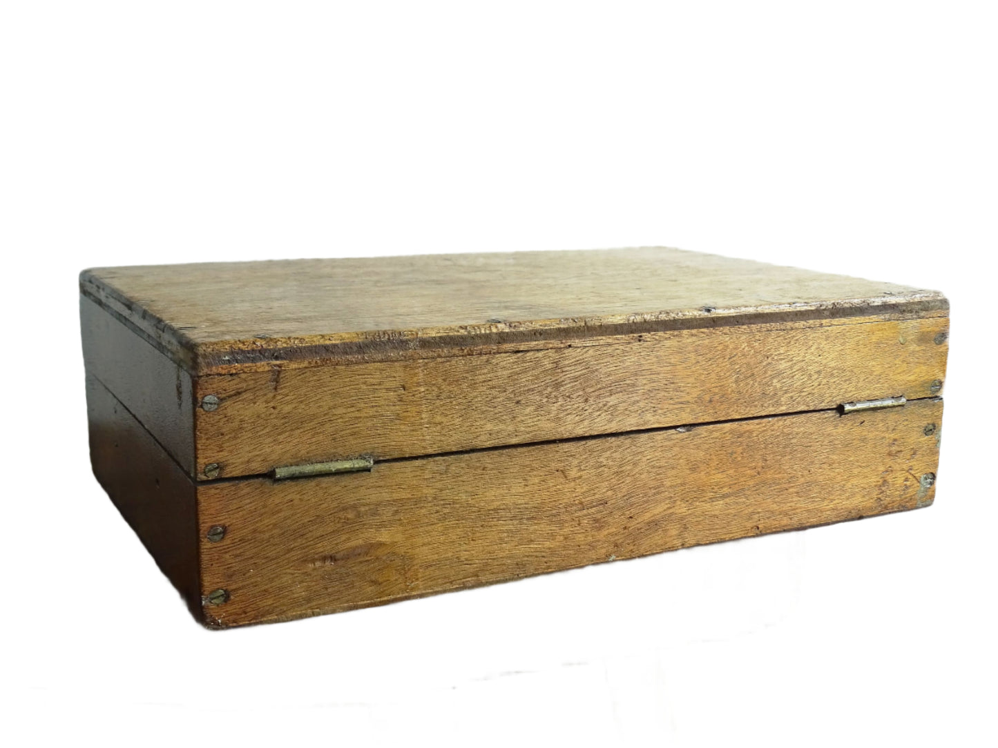 French antique paint box filled with paint brushes and painter’s tools. It has specks of paint and the outside of the wooden box has a “D” initial. The artist's box or painter's box has a rich patina.