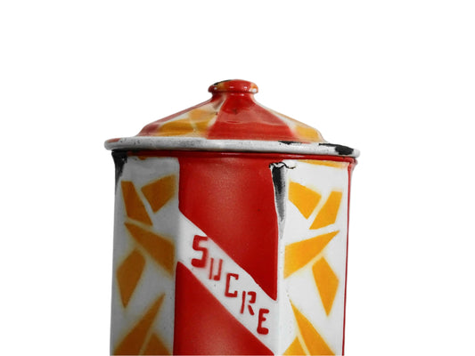 Set of French vintage enamel canisters in red and orange. Vintage kitchen canisters with Sucre, Café and Thé (sugar, coffee and tea). Vibrant French enamelware