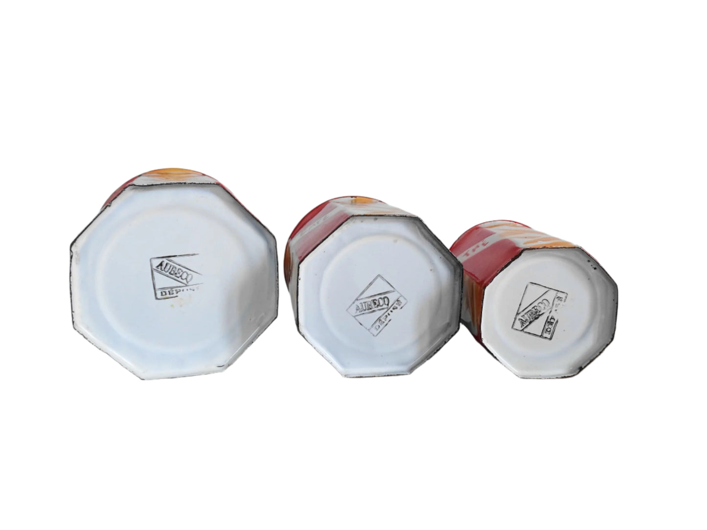 Set of French vintage enamel canisters in red and orange. Vintage kitchen canisters with Sucre, Café and Thé (sugar, coffee and tea). Vibrant French enamelware