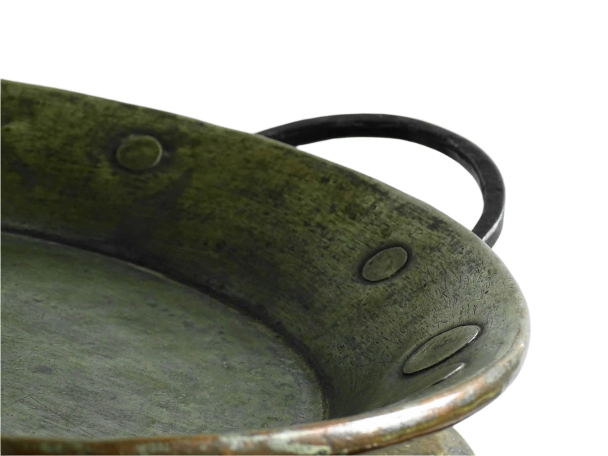 French antique copper pan with wrought iron feet and handles. Antique tinned copper pan for French farmhouse kitchen.