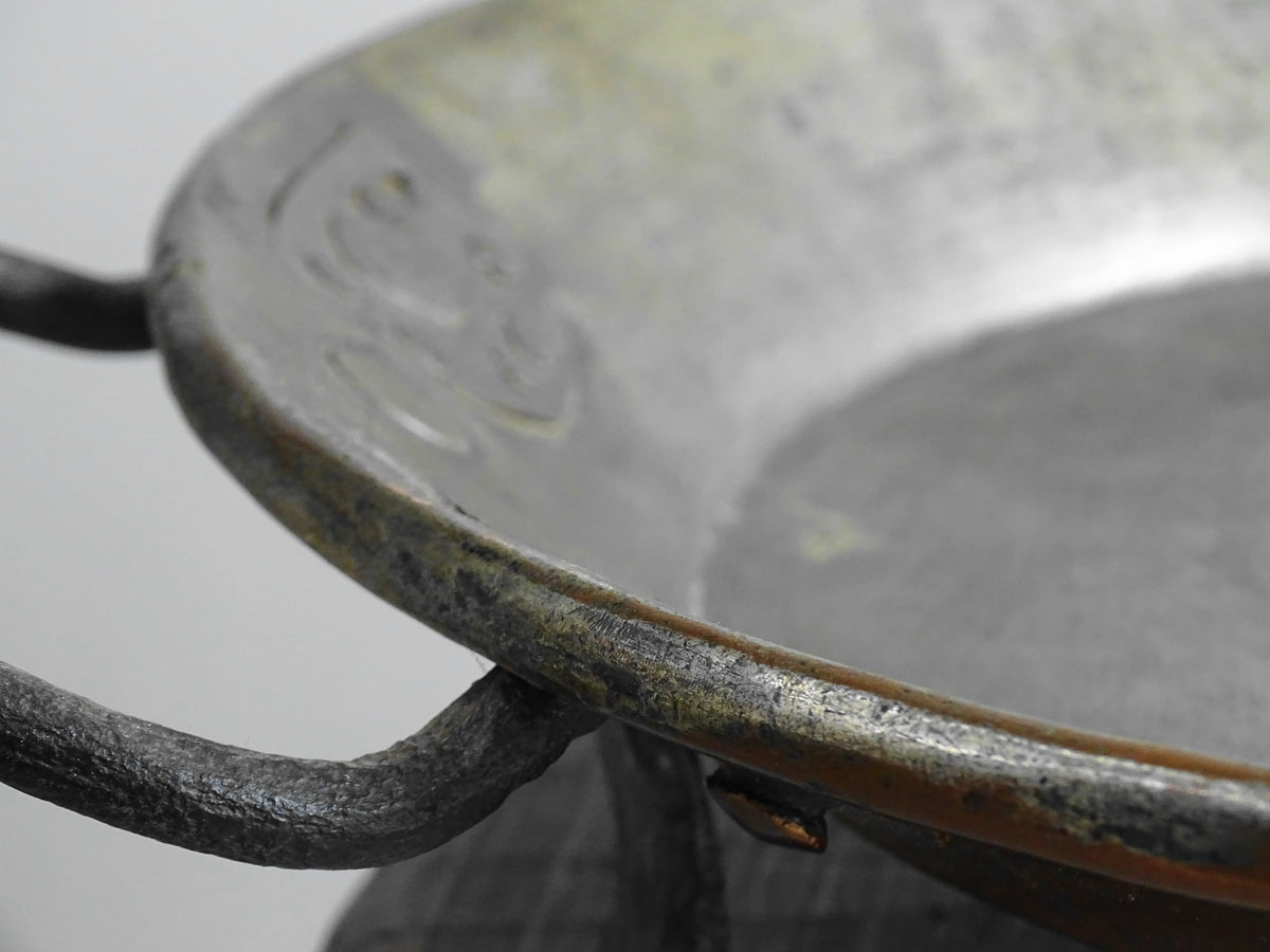 French antique copper pan with wrought iron feet and handles. Antique tinned copper pan for French farmhouse kitchen.