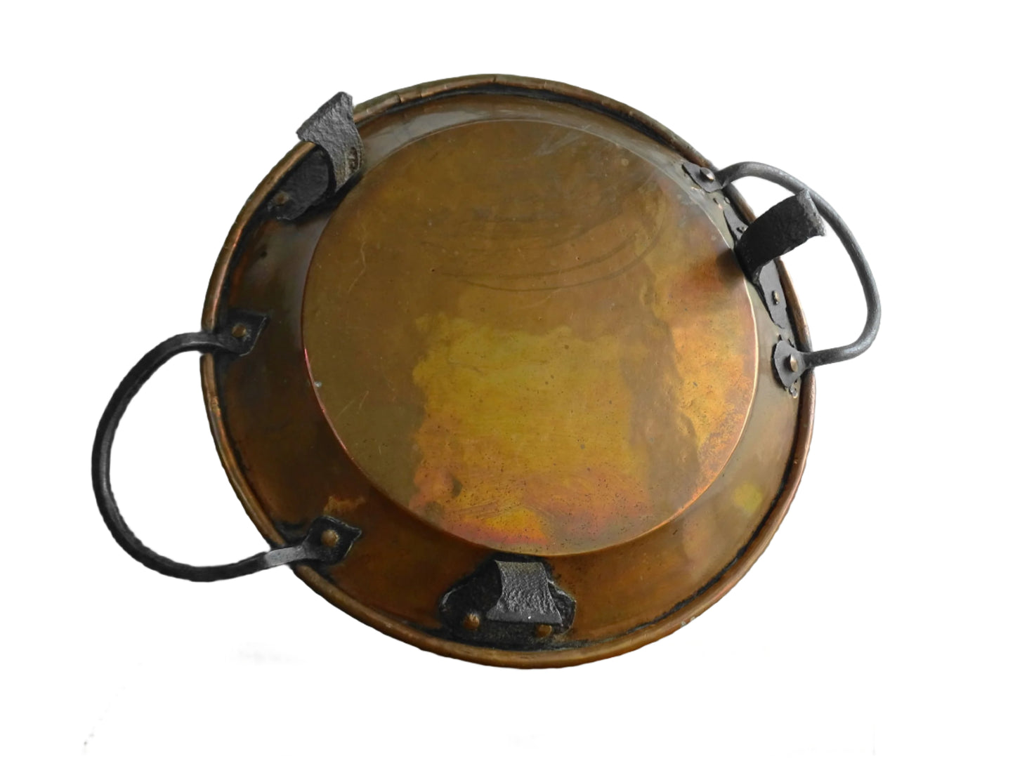 French antique copper pan with wrought iron feet and handles. Antique tinned copper pan for French farmhouse kitchen.