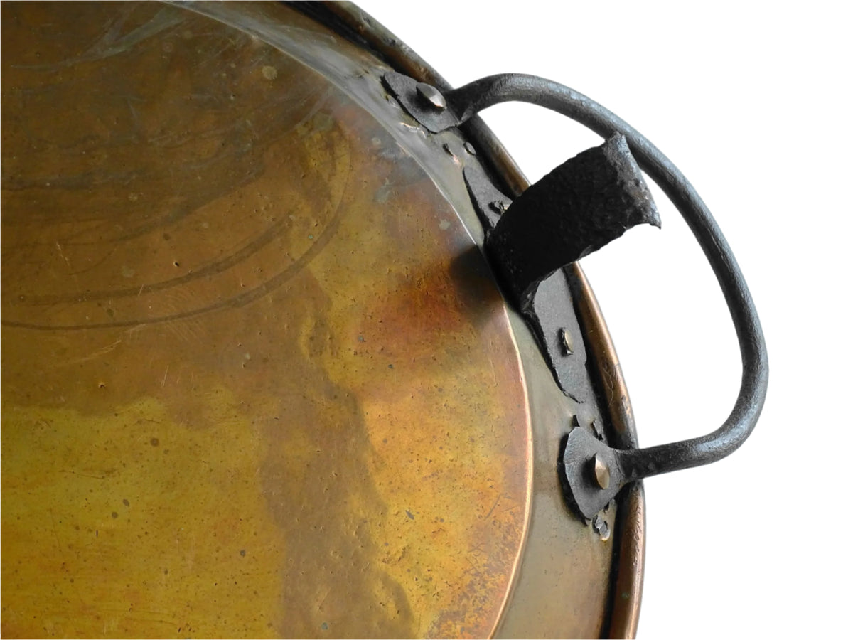 French antique copper pan with wrought iron feet and handles. Antique tinned copper pan for French farmhouse kitchen.