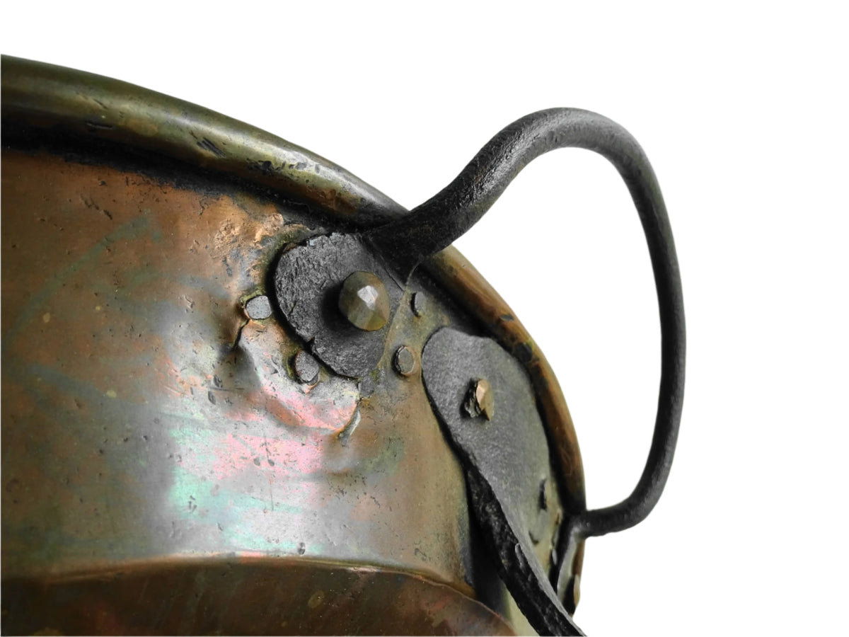 French antique copper pan with wrought iron feet and handles. Antique tinned copper pan for French farmhouse kitchen.
