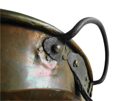 French antique copper pan with wrought iron feet and handles. Antique tinned copper pan for French farmhouse kitchen.