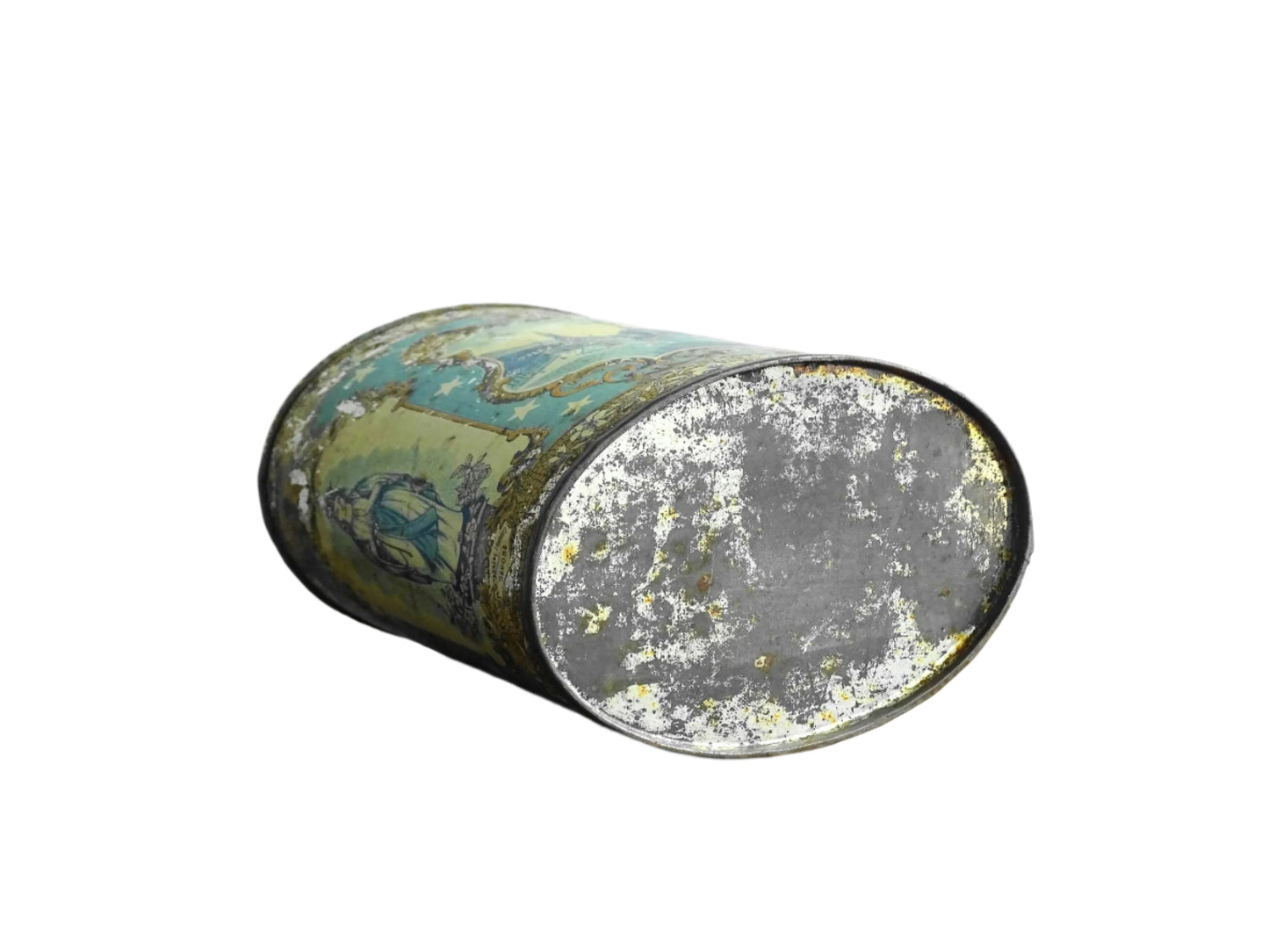 French antique Lourdes souvenir water flask in light blue, made from pewter, the top is decorated with stars, one side shows a view towards the cathedral (Sanctuaire de Notre-Dame de Lourdes), the other shows pilgrims in early 20th century dress attending mass at the Grotto of Massabielle. To the side is a depiction of the Virgin Mary. Flask for Lourdes holy water. Antique Lourdes souvenir religious decor.