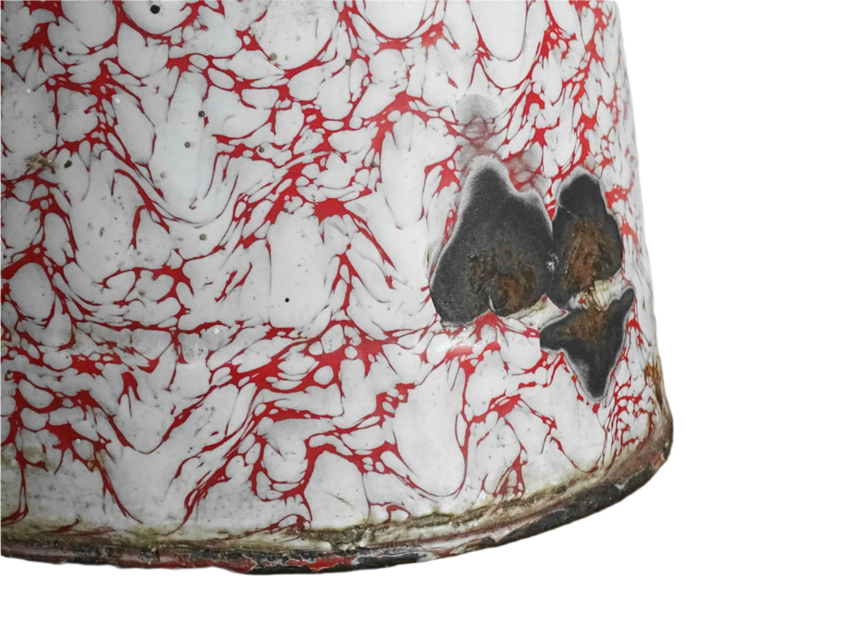 Large French vintage red and white enamelware pitcher with a large handle and spout. Tall enamel jug for farmhouse table